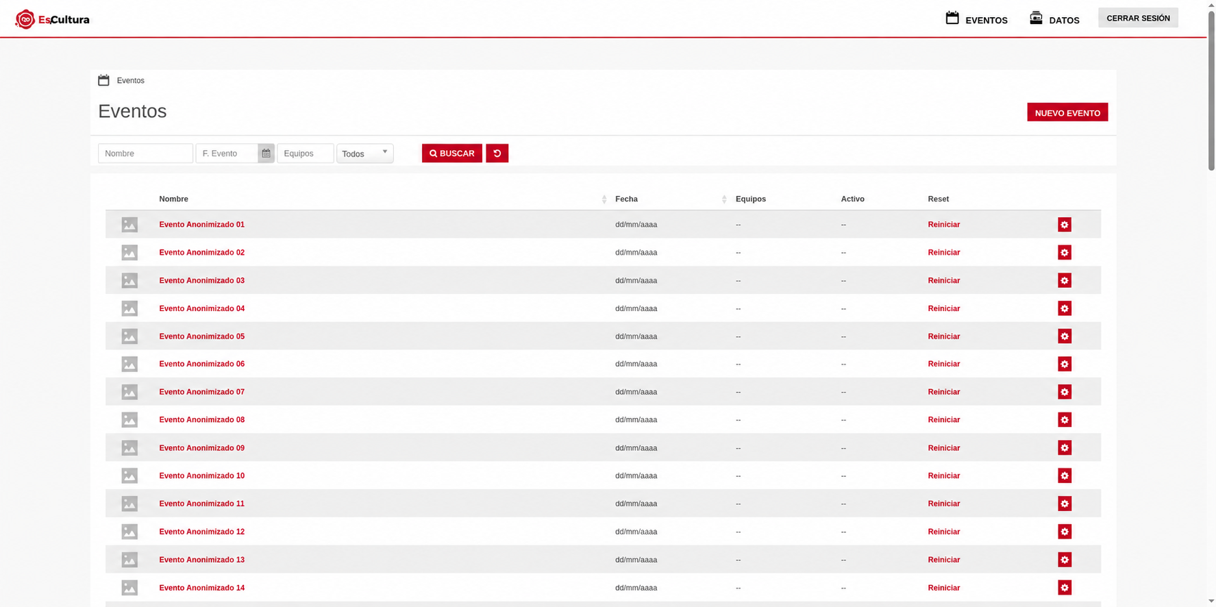 Backoffice de Es.Cultura con filtros por evento, fecha y equipos, y un listado anonimizado de eventos