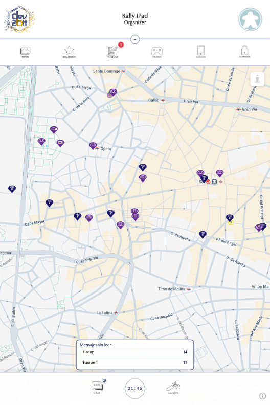 Mapa de Rally iPad con pruebas distribuidas por la ciudad y herramientas del organizador